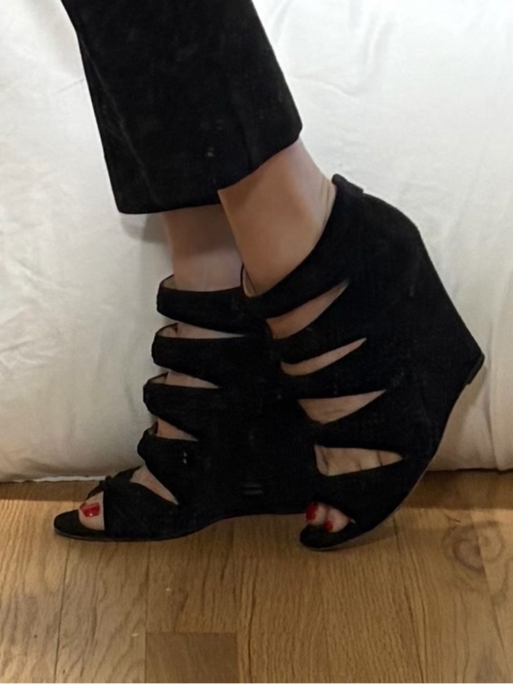 Christian Louboutin Black Strappy Suede Wedge Sandals